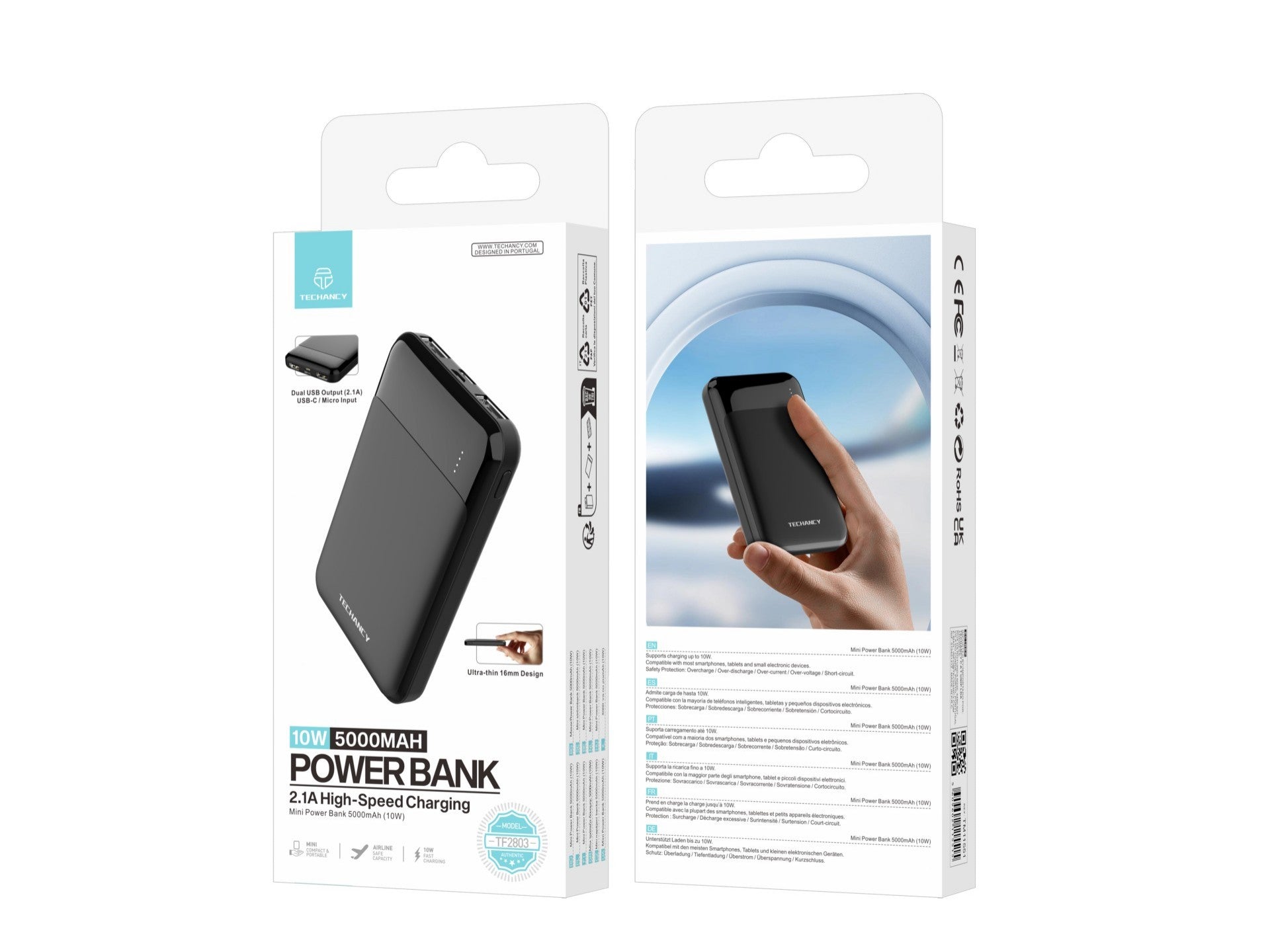 Techancy mini power bank 5000mAh încărcare rapidă 10W compact protecție inteligentă
